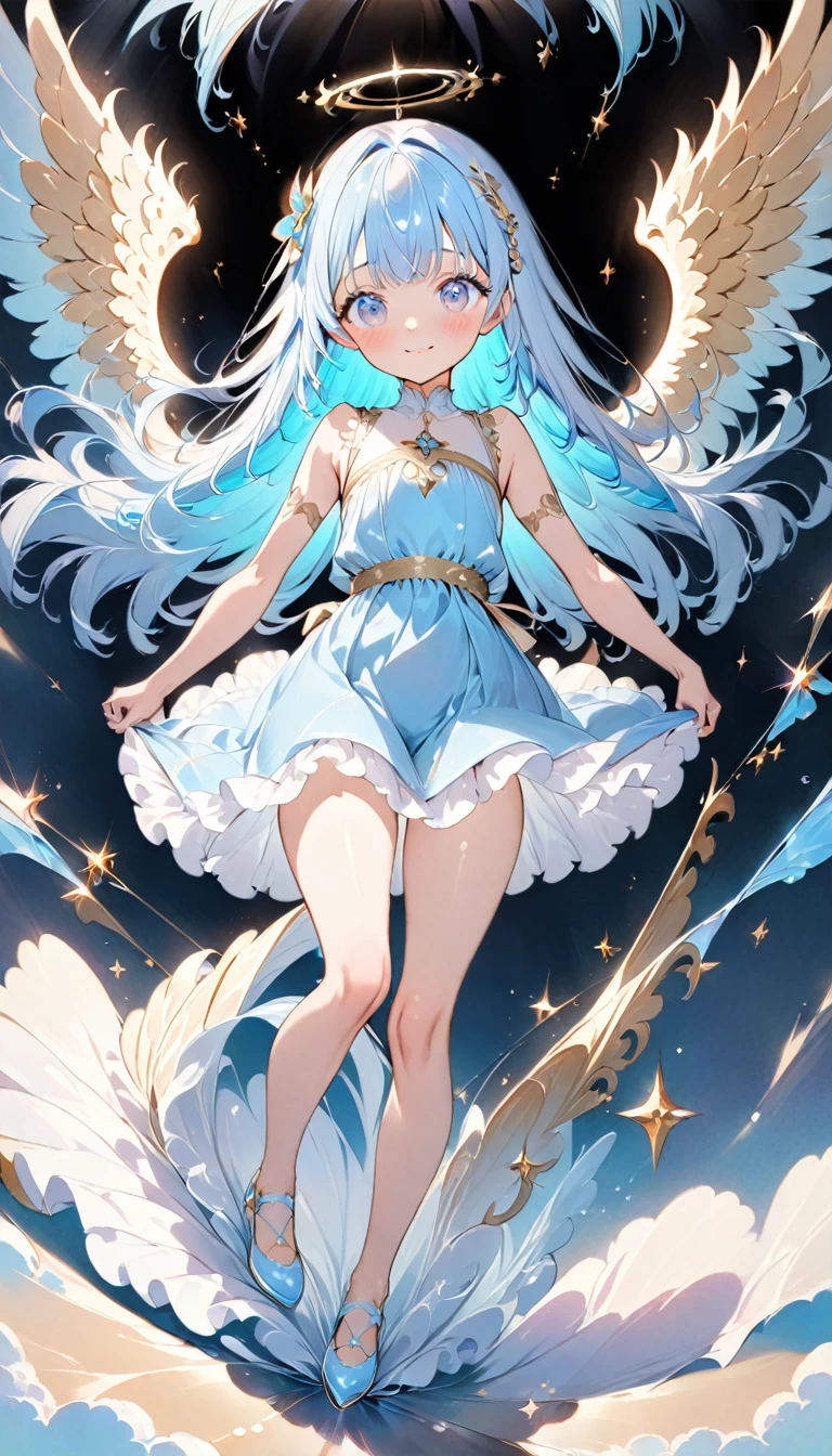 masterpiece, best quality, extremely detailed, (illustration, official art:1.1), 1 girl ,(((( light blue long hair)))), ,(((( light blue long hair)))),light blue hair , , long hair ((blush)) , cute face, big eyes, masterpiece, best quality,(((((a very delicate and beautiful girl))))),Amazing,beautiful detailed eyes,blunt bangs(((( little delicate girl)))),tareme(true beautiful:1.2), sense of depth,dynamic angle,,,, affectionate smile, (true beautiful:1.2),,(tiny 1girl model:1.2),)(flat chest) ,Anime Angel Girl descending, show her full body, white background