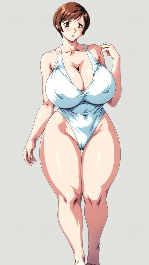 masterpiece, highest quality, High resolution, One girl, solo, sexual intercourse, Pornographic images, short hair, etsukoto, brown Eyes, fine grain, fine grain, long legs, (((Thick thighs, Plump thighs, Voluptuous thighs, Thighs alone are enough))), Huge and ample breasts, Cleavage, big long breasts, Naughty big,((big breasts are important))、((Naughty thighs)), L Cup, (thin:1.4),(Tight waist:1.4), (white swimsuit:1.4), anguish, blash, (((Simple Background))), ((Wide Hips)), Shiny, Oily skin, Mature mother, Calf, Seductive mature woman, milf, Perfect body, Plus Size Model, curvy, ample, etsukoto, blush, clavicle, retro artstyle, 1990s (style), (thick thighs:1.4), bursting breasts, full body, feet,