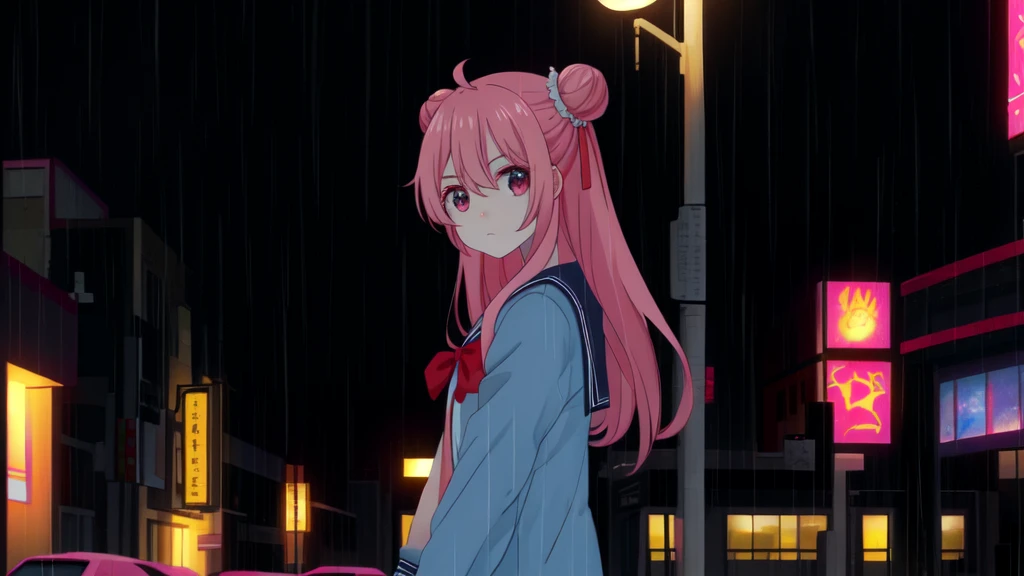 masterpiece, best quality, looking at viewer, facing viewer, bare legs, 1girl, solo, upper body, bow, serafuku, sad face, blushing, night time, raining, outdoors, city
