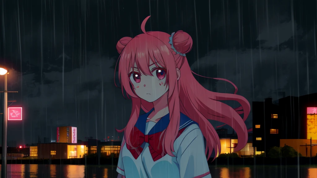 masterpiece, best quality, looking at viewer, facing viewer, bare legs, 1girl, solo, upper body, bow, serafuku, sad face, blushing, night time, raining, outdoors, city