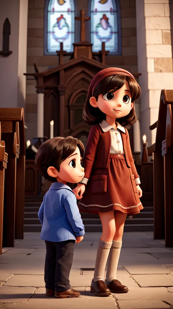 Two 3 year old children talking near the church