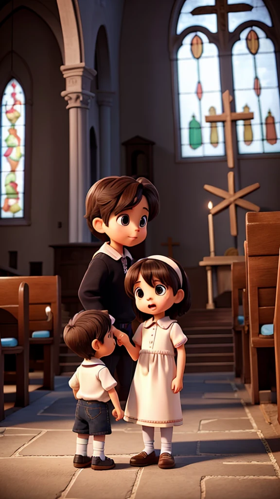 Two 3 year old children talking near the church
