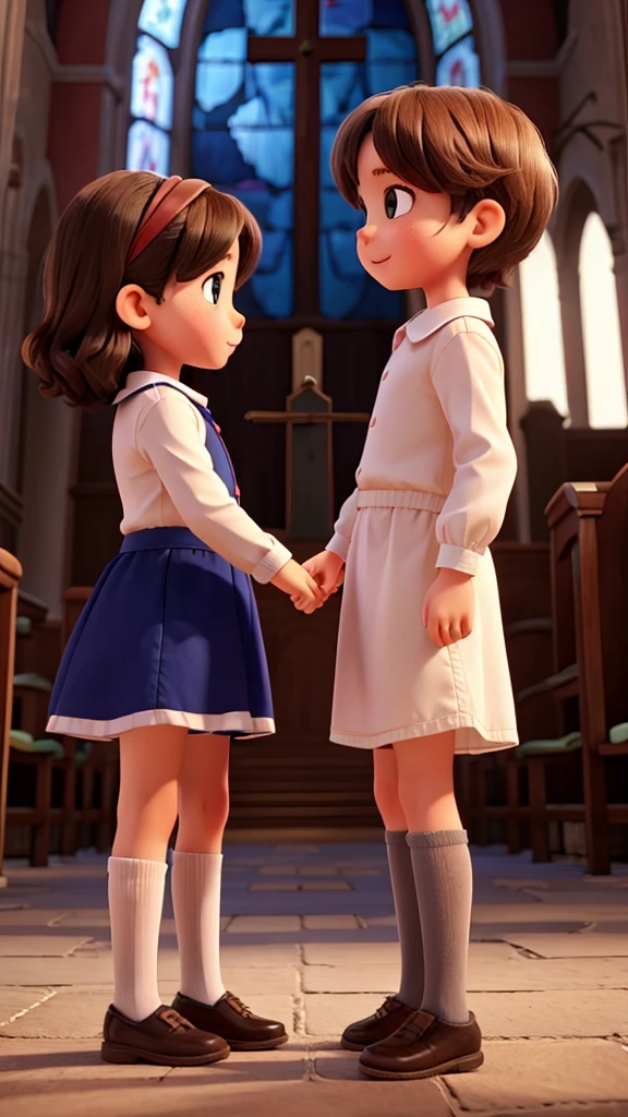 Two 3 year old children talking near the church