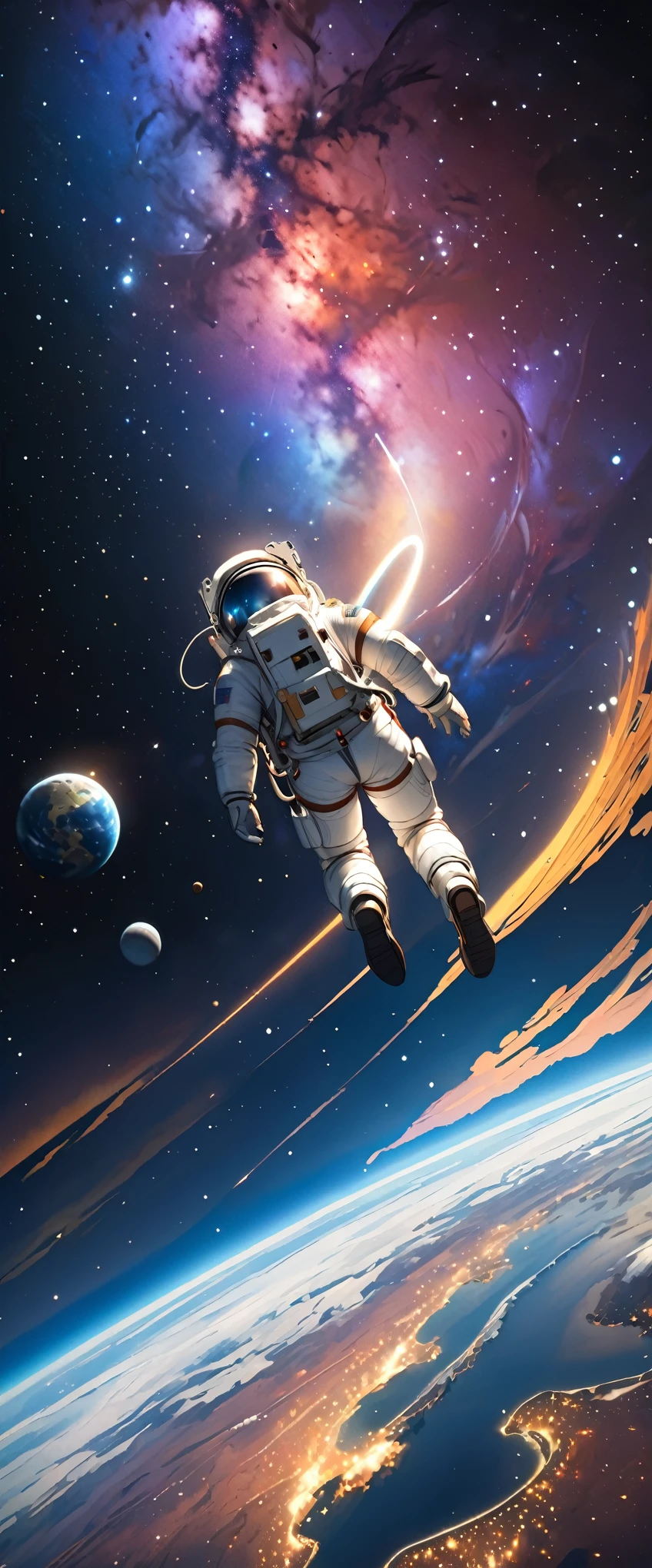 (masterpiece:1.2, Highest quality,High resolution,Very detailed),8k,wallpaper,Vast landscape paintings,One female,Back view.(Female astronaut doing a spacewalk,眼下には青く美しいEarthが見える),Spacesuit,Milky Way,milky way,Earth,(Illustrating the scene of floating in space),(((Hand,detailed,perfect,perfection,hands))),(dynamic)