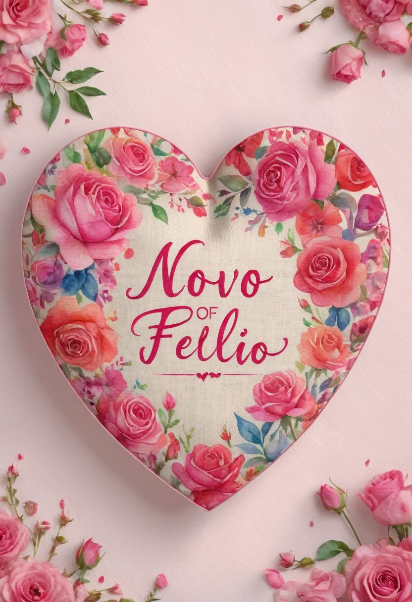 bag made of linen, is heart shaped, Floral frame, Delicate watercolor flowers in vibrant shades of pink and pink, Engaging illustrations, logo text sign that says the word "novo dia feliz", Creative font design, typeface , spirit of rose, rose theme, (best quality, masterpiece, representative work, official artwork, professional, ultra-high details, 8k:1.3)