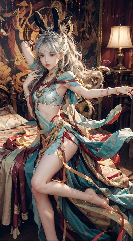 ((best quality)), ((masterpiece)), (detailed), 1 Girl,bedroom, Silver Hair,Silver pupils,bend over,Lean forward,Barefoot,Slender figure,Slim body,,Bangs,Slightly curly long hair,bedroom,beautiful girl,Beautiful face,Oval face,big eyes,Light makeup,Minors,Disheveled,Shy expression,Lots of details,Ultra-clear texture,Light and color,Face takes up 1 screen/4,Correct perspective,Correct body structure,Correct posture,Ultra detailed lips,Eyes with lots of detail