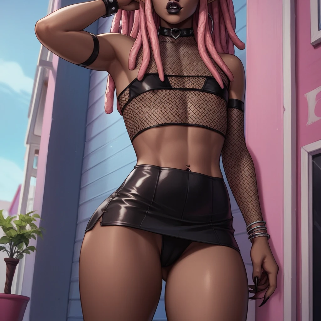 Best quality, highly detailed, ultra detailed, 1 brown skin boy, flat chest, male chest, slim curvy body, long pink dreadlocks, pink dreadlocks, pink eyes, vampire, pointy ears, sharp nails, black lipgloss, goth, black crop top, black mini skirt, fishnets, big butt, outside, patio, close up