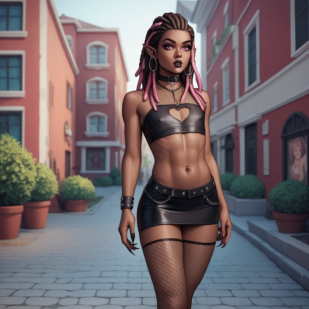 Best quality, highly detailed, ultra detailed, 1 brown skin boy, flat chest, male chest, slim curvy body, long pink dreadlocks, pink dreadlocks, pink eyes, vampire, pointy ears, sharp nails, black lipgloss, goth, black crop top, black mini skirt, fishnets, big butt, outside, patio, close up