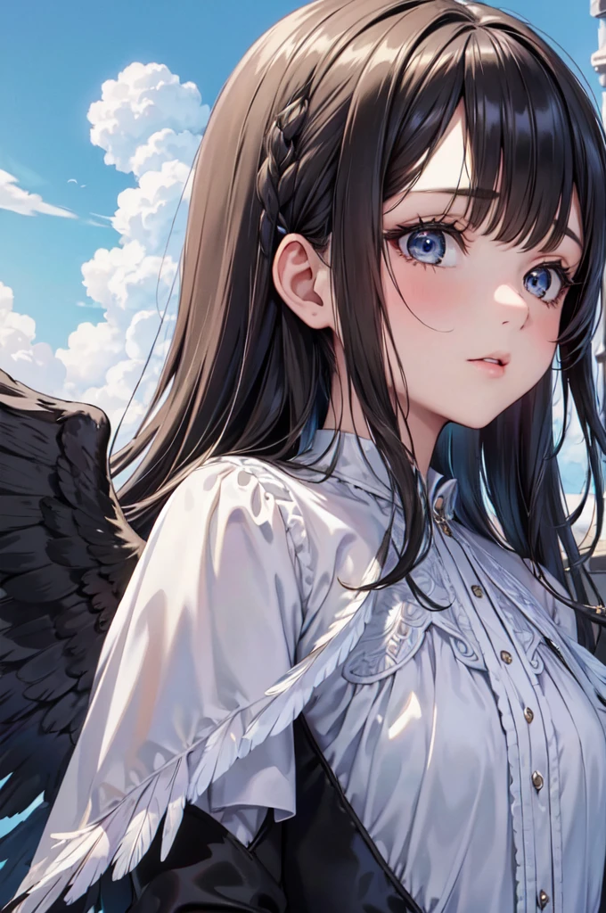 masterpiece, Angel Girl, young，，Brunette with wings, Hart neckline，Black dress with feathers, Close-up portrait, Delicate face, Lots of black feathers, silver，Black Wings, Blue sky, cloud, castle, whole body,(Cover Style:1.3)
