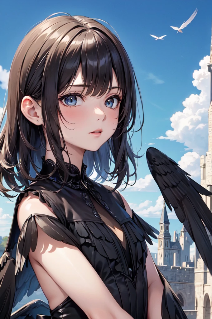 masterpiece, Angel Girl, young，，Brunette with wings, Hart neckline，Black dress with feathers, Close-up portrait, Delicate face, Lots of black feathers, silver，Black Wings, Blue sky, cloud, castle, whole body,(Cover Style:1.3)
