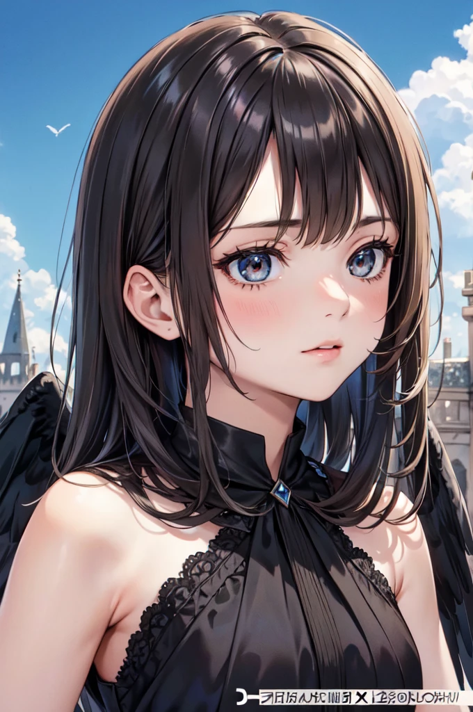 masterpiece, Angel Girl, young，12 years old，Brunette with wings, Hart neckline，Black dress with feathers, Close-up portrait, Delicate face, Lots of black feathers, silver，Black Wings, Blue sky, cloud, castle, whole body,(Cover Style:1.3)
