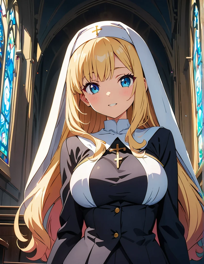 (anime artwork, anime style, studio anime, very detailed, up to date, vibrant, Anime Coloring, high contrast, masterpiece:1.2, best quality, best aesthetics),2 girl,hug from behind,nun, Medium chest,random hair, One eye is hidden by the bangs, perfect proportions, high detail skin, Cute, detailed faces,church, precise fingers,curvy,