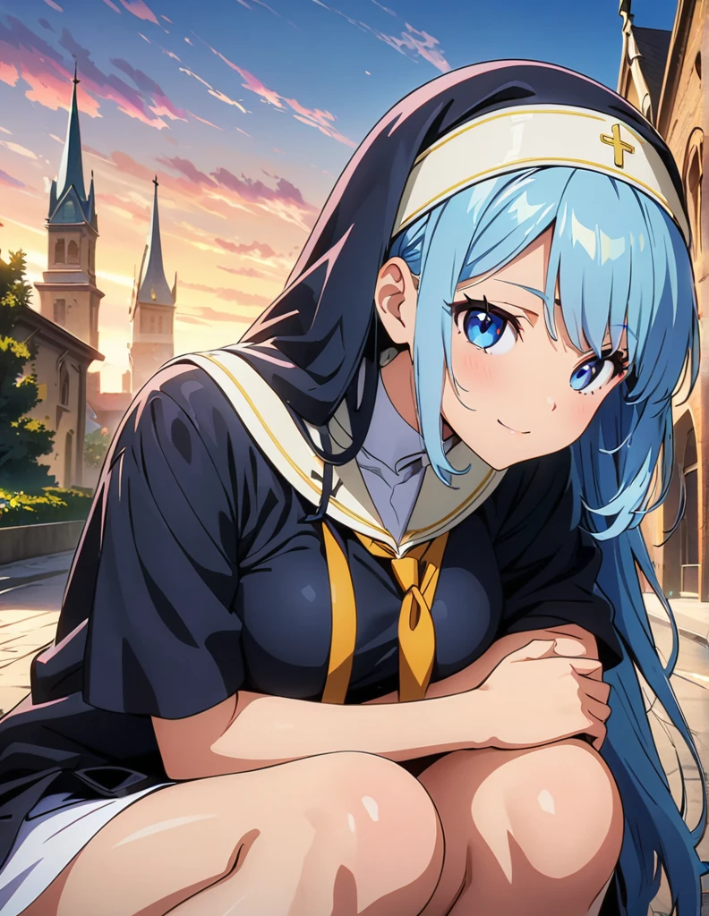 (anime artwork, anime style, studio anime, very detailed, up to date, vibrant, Anime Coloring, high contrast, masterpiece:1.2, best quality, best aesthetics),2 girl,hug from behind,nun, Medium chest,random hair, One eye is hidden by the bangs, perfect proportions, high detail skin, Cute, detailed faces,church, precise fingers,curvy,