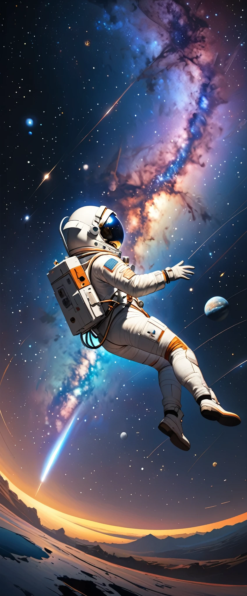 (masterpiece:1.2, Highest quality,High resolution,Very detailed),8k,wallpaper,Vast landscape paintings,One female,Back view,(A female astronaut swimming in space),女性は青く美しいEarthを見ている,Spacesuit,Milky Way,milky way,Earth,(Illustrating the scene of floating in space),(((Hand,detailed,perfect,perfection,hands))),(dynamic)