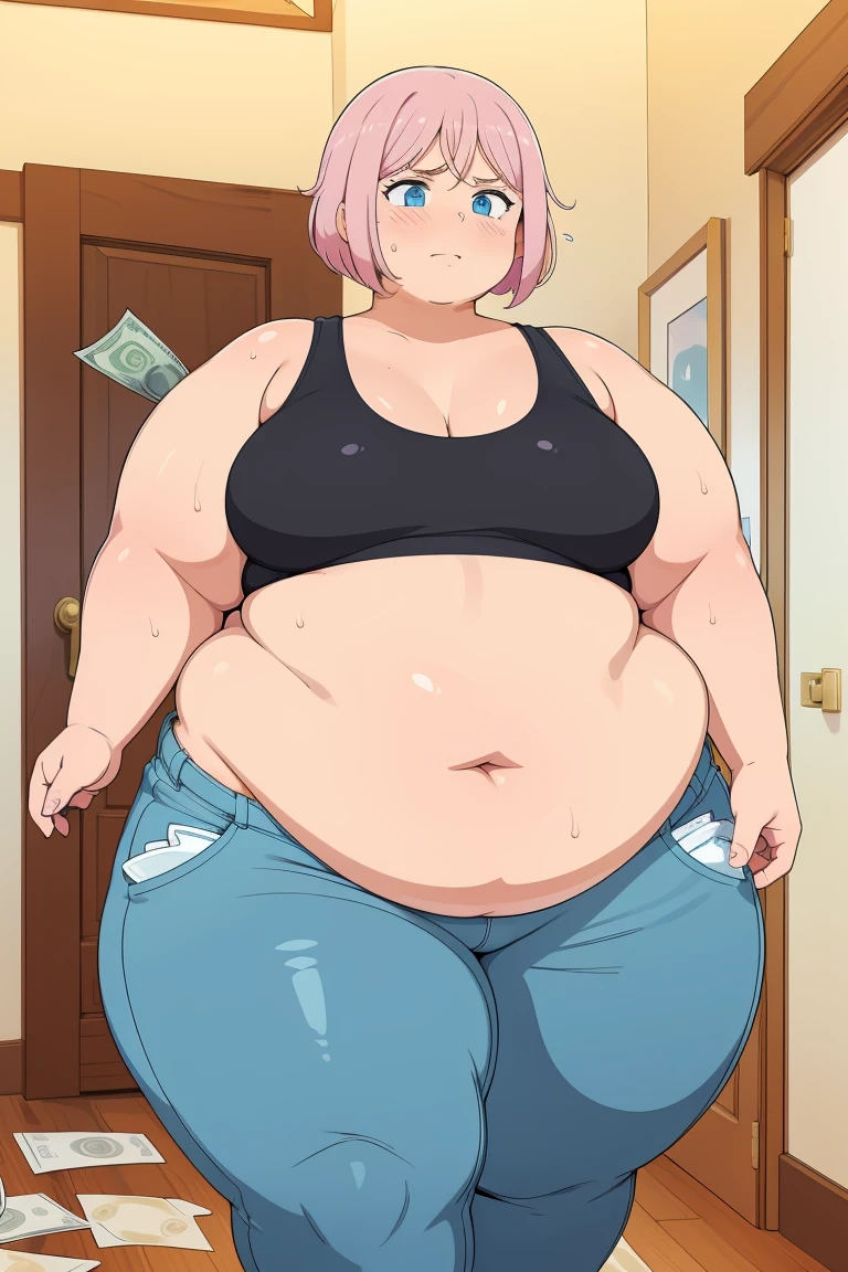 masterpiece, high quality, Best Quality, beautiful, alta definición, perfect lighting, detailed face, detailed body, ((1 girl)), ((Alone)), peWhatño sinos, neckline, ((((sagging sinos)))), soft body, bob cut, bob cut hair, light pink hair, blushing, worried, light blue eyes, It is brilliant, peWhatño round sinos, tanned skin, (((very peWhatño sinos))), peWhatño , departaminto chest, departaminto_chest, tiny_sinos, (((departaminto_chest))), (((tiny_sinos))), blush, fancy, tight clothes, , leaning to the front, looking at viewer, bulto de stomach, slightly exposed gordo stomach, gordo, obese, gordo stomach, ((((big stomach)))), ((((big stomach)))), (((chubby girl))), (((chubby))), gordo arms, gordo body, gordo thighs, wide hips, double chin, double_chin, ((double_chin)), fat face, chubby cheeks, Cara ligeraminte redonda, she's weaing a very tight light black sport bra, black tight sports bra, tight sports bra, 2 girls, sWhatezing stomach, ashamed, ashamed, blush, Expression, fat face, double gordo chin, gordo arms, gordo body, obese, very gordo, gordo rolls, (((((Money_conformed_body))))), apple_conformed_body, art by drworm, still, ((Tight jeans)), fatblob, double_stomach, stomach_standing out, apple_conformed_body, stuck_in_door, hyper_hips, , gordo thighs, high_Aesthetic, stomach_larger_What_body, fatblob, , tight Black sports shorts, Black sports shorts, tight sports shorts, sweat, sweating, gym, walking on treadmill, very tired, half closed eyes, sher's very tired walking on the tredmill