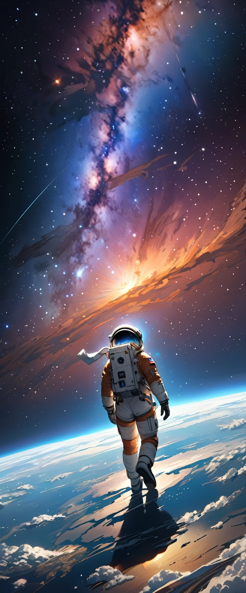 (masterpiece:1.2, Highest quality,High resolution,Very detailed),8k,wallpaper,Vast landscape paintings,One female,Back view,(A female astronaut swimming in space),女性は青く美しいEarthを見ている,Spacesuit,Milky Way,milky way,Earth,(Illustrating the scene of floating in space),(((Hand,detailed,perfect,perfection,hands))),(dynamic)