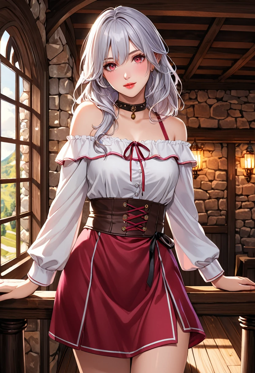 1girl, solo, mature woman, [white shirt top: red dress under], (simple pattern clothing), long curvy messy hair, silver hair, glowing ruby colored eyes, ((beautiful face)), detailed face, detailed eyes, (collar bone), (off shoulder), (bare neck), brown leather high boots, secluded old inn, stone wall, wooden floor, dawning lighting, POV, looking at viewer, medieval, pretty lips, (shy), pink hue cheek, waitress, illustration, 8k, super details, award winning, high res