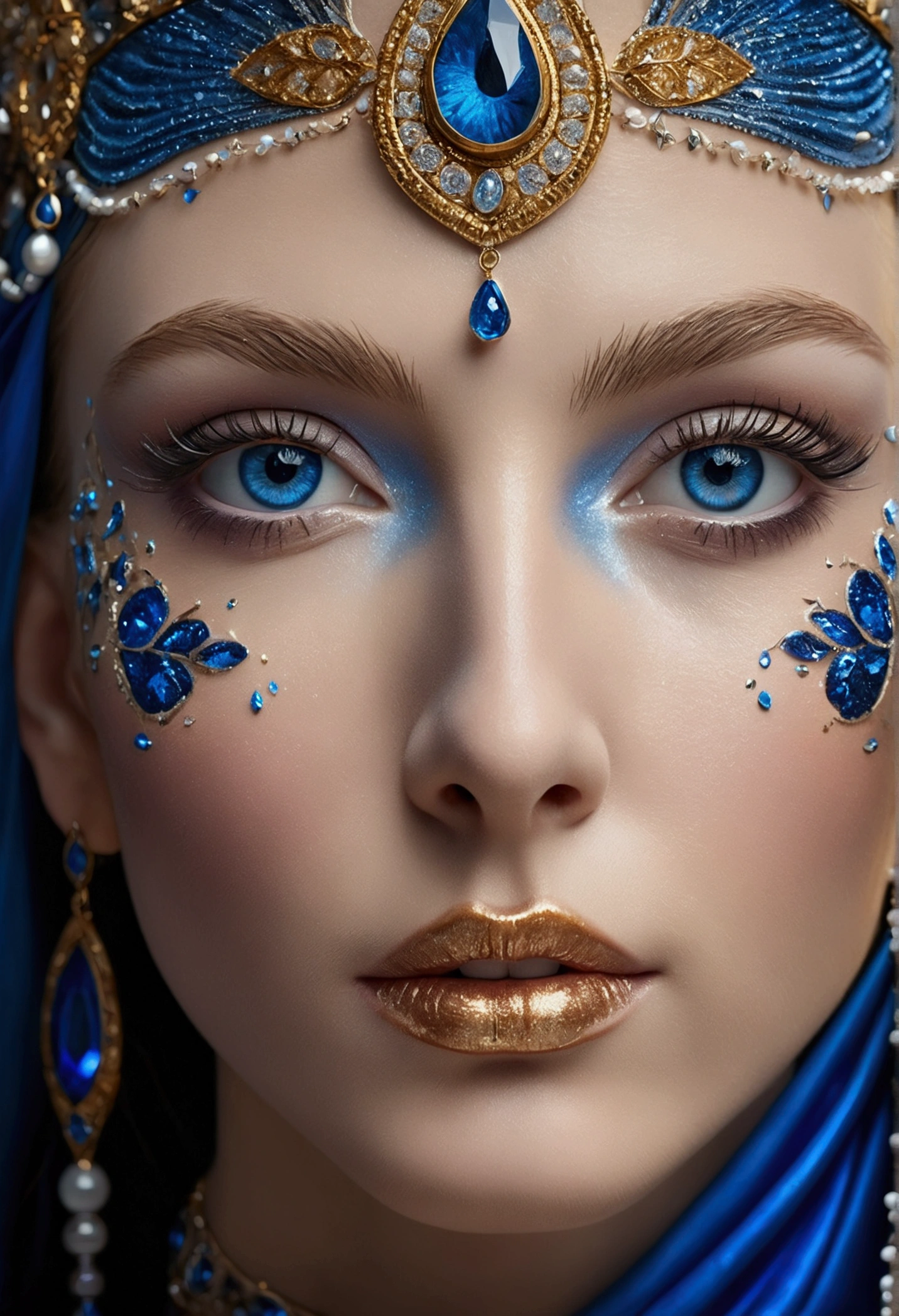 (best picture quality,4k,8k,high-definition,masterpiece:1.2),Ultra-detailed,(lifelike,lifelike,lifelike:1.37)。High Res image Close-up of an artistic depiction of a face with striking blue eyes and blue shimmering skin, adorned with golden sparkles and light patterns.