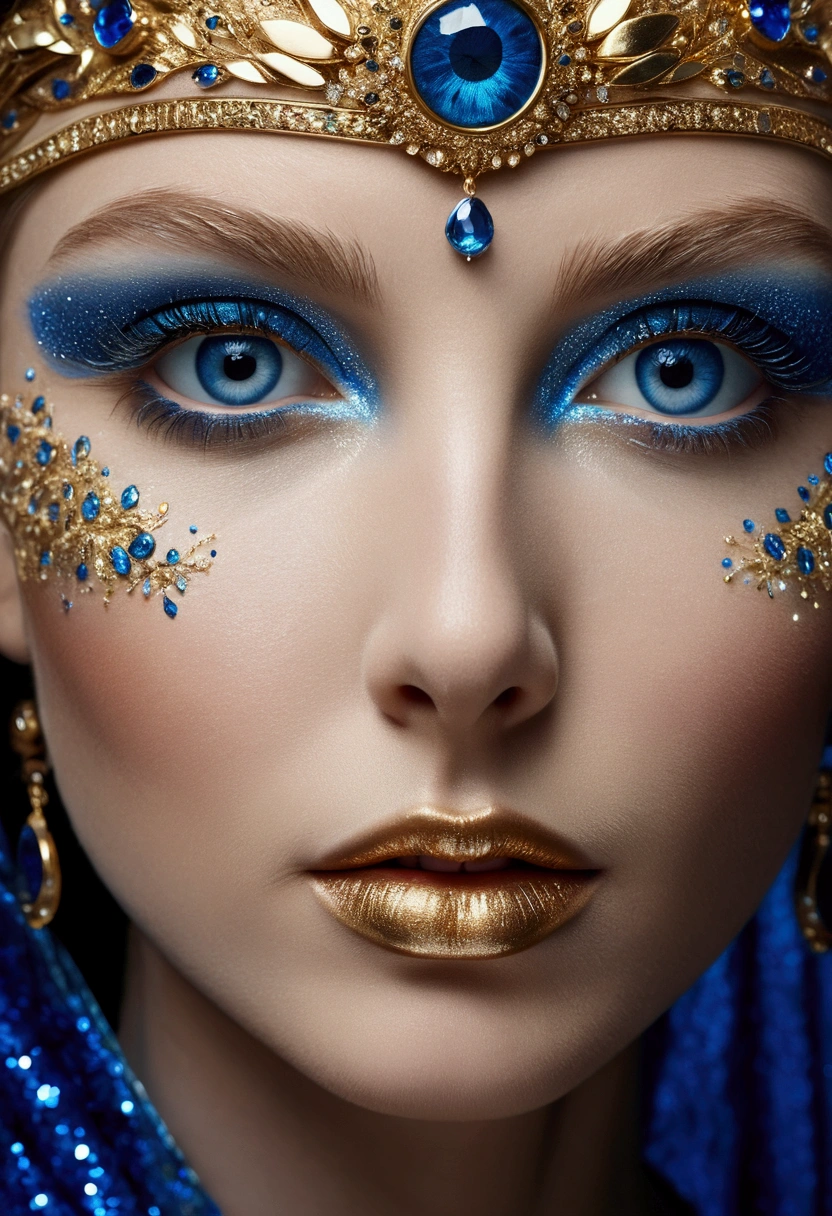 (best picture quality,4k,8k,high-definition,masterpiece:1.2),Ultra-detailed,(lifelike,lifelike,lifelike:1.37)。High Res image Close-up of an artistic depiction of a face with striking blue eyes and blue shimmering skin, adorned with golden sparkles and light patterns.