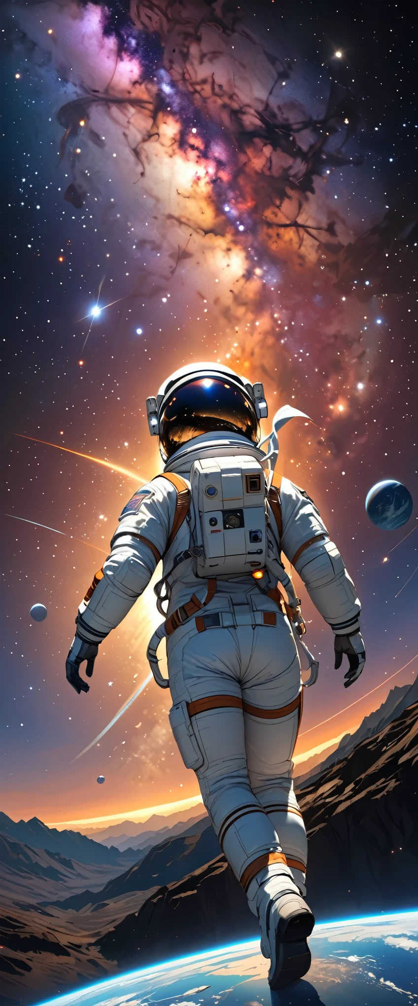 (masterpiece:1.2, Highest quality,High resolution,Very detailed),8k,wallpaper,Vast landscape paintings,One female,Back view,(A female astronaut swimming in space),女性は青く美しいEarthを見ている,Spacesuit,Milky Way,milky way,Earth,(Illustrating the scene of floating in space),(((Hand,detailed,perfect,perfection,hands))),(dynamic)