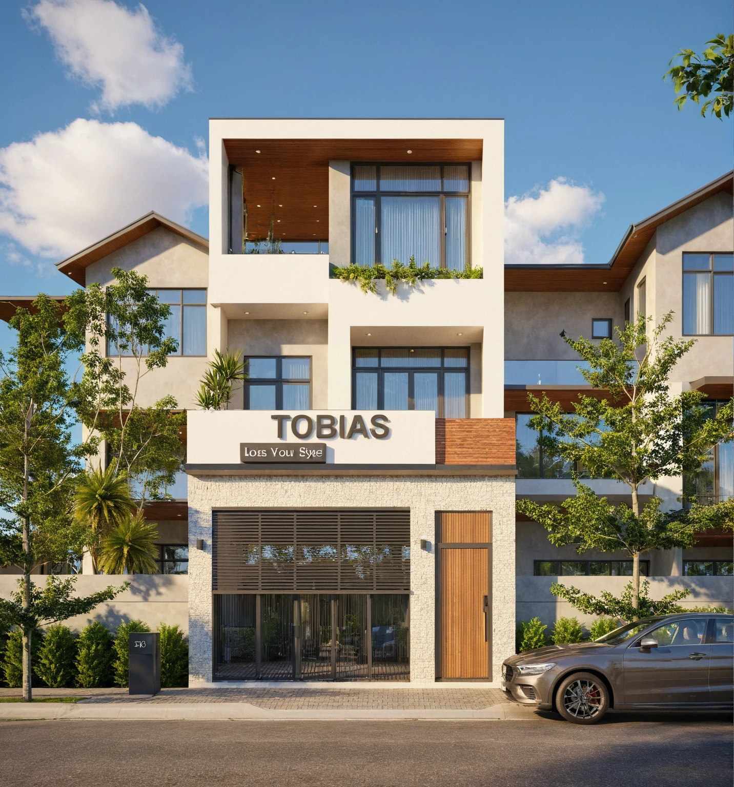 Raw photo,Masterpiece, high quality, best quality, authentic, super detail,
exterior, outdoors, house style modern on the street, glass windows, gate, wooden ceiling,
road,pavement, trees, sky, cloud, (daylight:1.1)