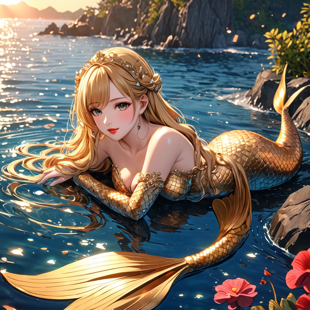 cute 20 year old mermaid with blonde hair with two braids wearing beautiful hair accessoires laying on the side on the water posing, sunset, wears a golden glittery mermaid bra, beautiful mermaid, beautiful detailed human face, red lips, alluring eyes, elaborated mermaid golden tail, serene, masterpiece, full body shot, highres, high resolution, high quality, intricate details, extremely detailed, incredible details, full colored, complex details, insanely detailed and intricate, extremely detailed with rich colors. masterpiece, best quality, HDR, UHD, unreal engine, High quality, gorgeous, glamorous, 8k, super detail, gorgeous light and shadow, detailed decoration, detailed lines, glittery, fantasy, pretty colors, anime style