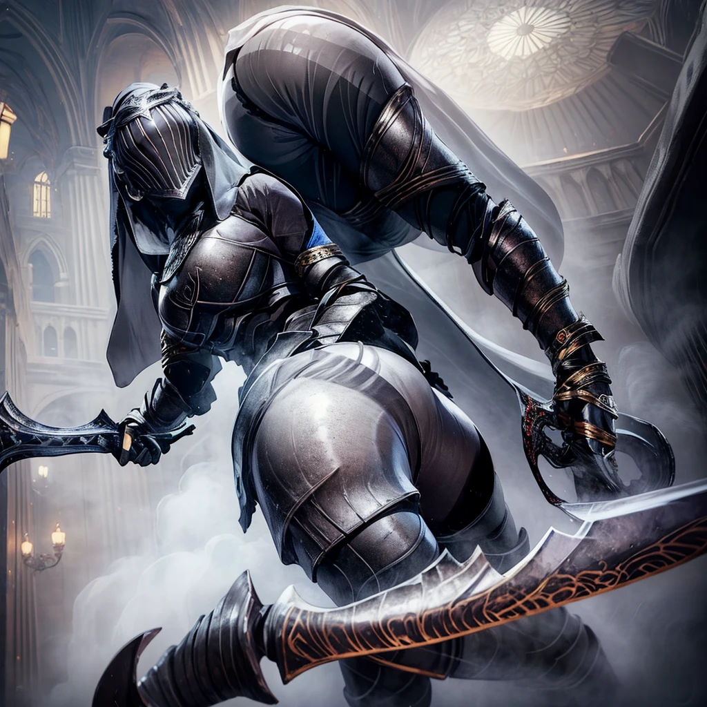 1girl, Solo, 8k, Top-quality, Masterpiece, Super high resolution, Realistic, Cinematic, fullbody, helm, silver, knight, twin sword, pantyhose, hand on the chest, blue veil, hair ornament, big , big ass, Thick thighs, snow,,old school fantasy art,((simple background:1.0)),gray background,