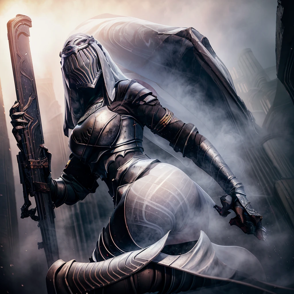 1girl, Solo, 8k, Top-quality, Masterpiece, Super high resolution, Realistic, Cinematic, fullbody, helm, silver, knight, twin sword, pantyhose, hand on the chest, blue veil, hair ornament, big , big ass, Thick thighs, snow,,old school fantasy art,((simple background:1.0)),gray background,