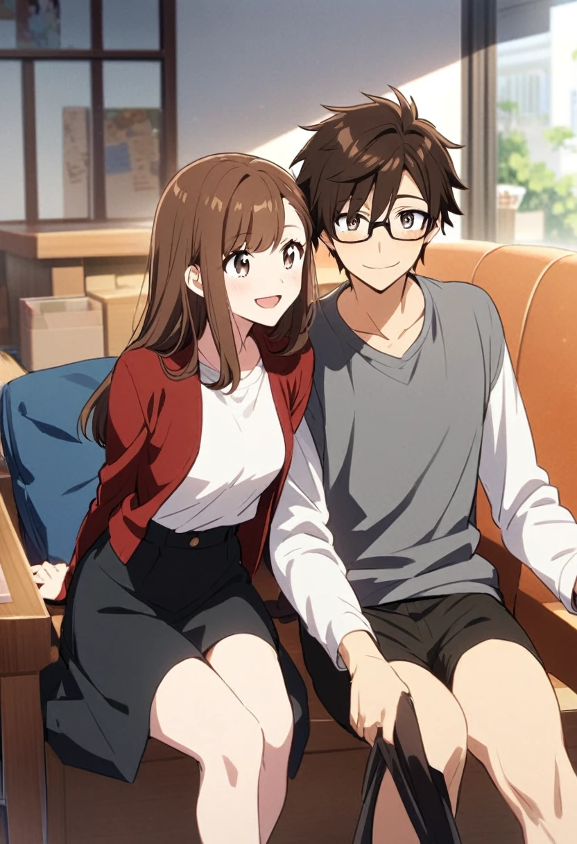 anime, two people, one beautiful female with long brown hair and no glasses, the other person is a male with short dark brown hair and black rimmed glasses, they are boyfriend and girlfriend, both smiling