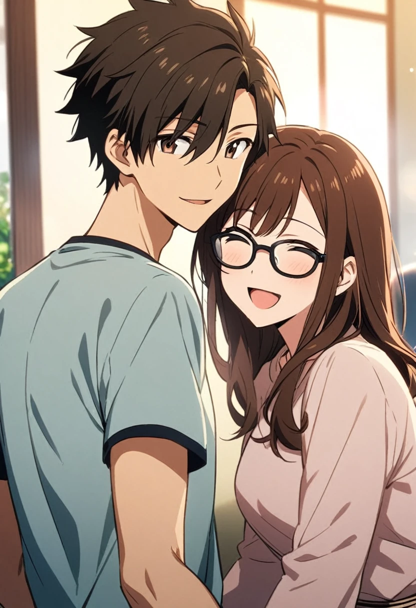 anime, two people, one beautiful female with long brown hair and no glasses, the other person is a male with short dark brown hair and black rimmed glasses, they are boyfriend and girlfriend, both smiling 