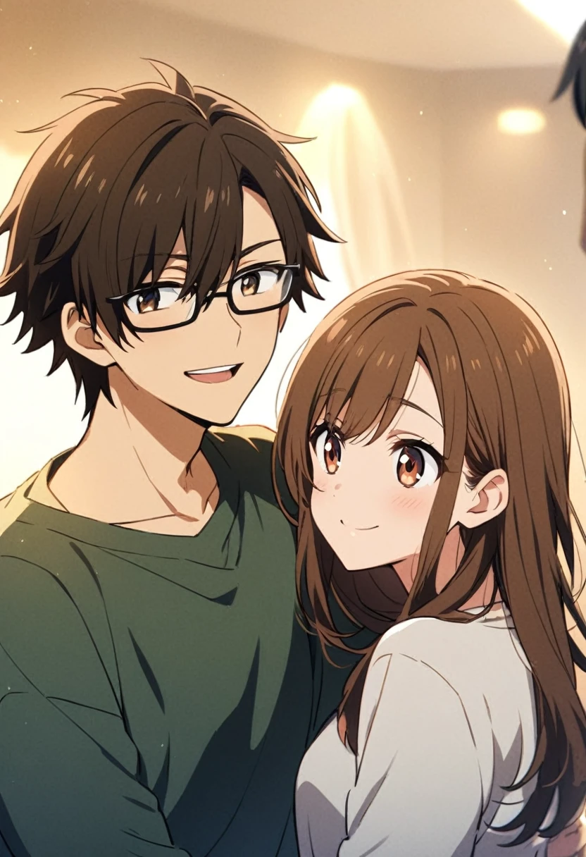 anime, two people, one beautiful female with long brown hair and no glasses, the other person is a male with short dark brown hair and black rimmed glasses, they are boyfriend and girlfriend, both smiling