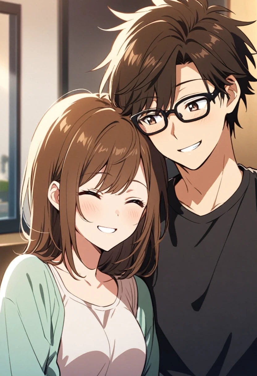 anime, two people, one beautiful female with long brown hair and no glasses, the other person is a male with short dark brown hair and black rimmed glasses, they are boyfriend and girlfriend, both smiling