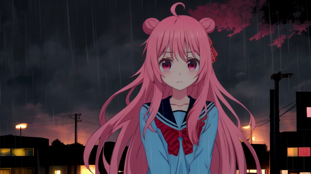 masterpiece, best quality, looking at viewer, facing viewer, bare legs, 1girl, solo, upper body, bow, serafuku, sad face, blushing, night time, raining, outdoors, city