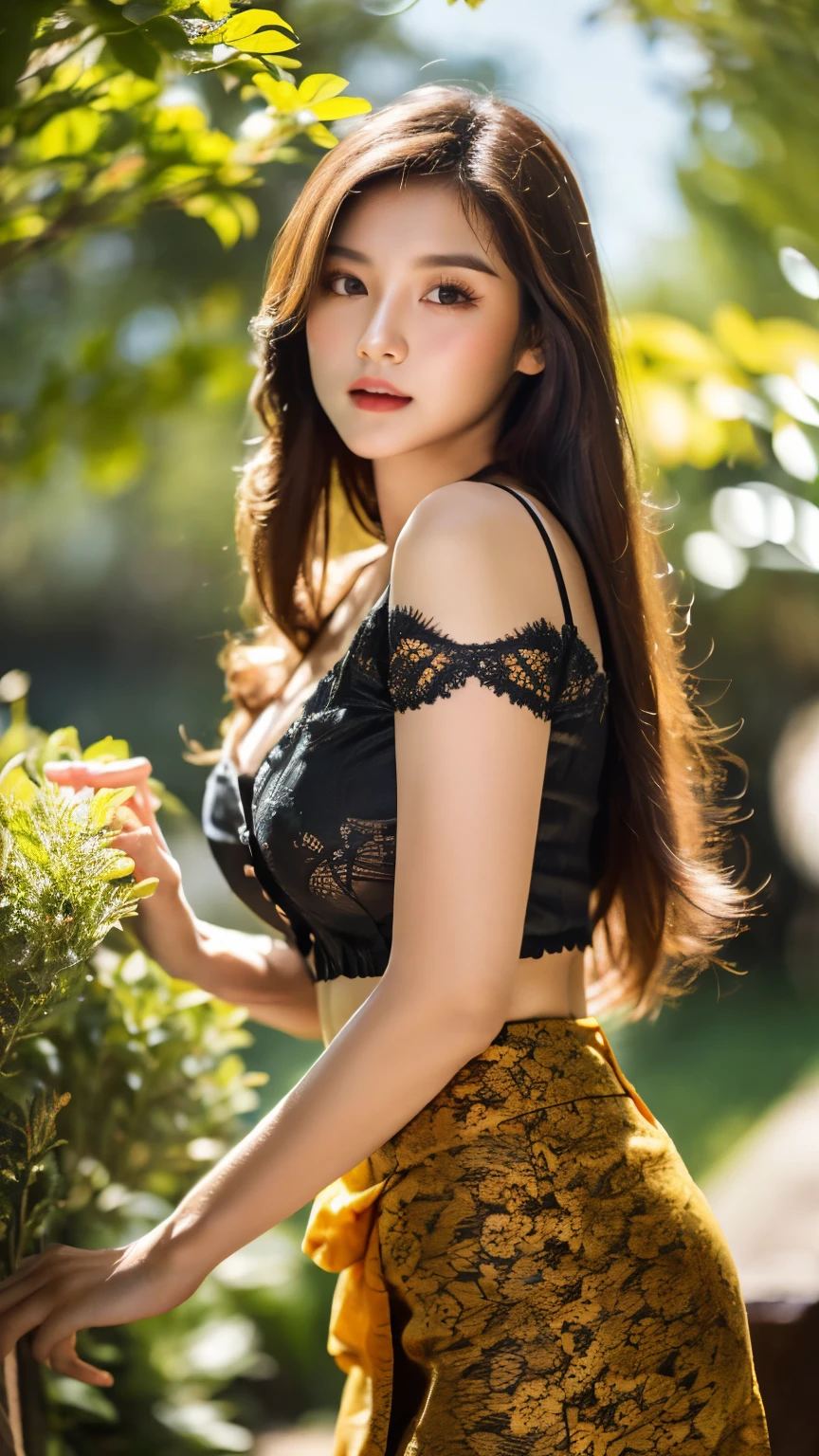 1 Indonesian girl, 25 years old, middle long fashion hair, fit body, cleavage, stomach, skintight black lace kebaya, batik skirt, highly detailed, ultra hd, 8k, detailed face, bright eyes, perfect eyes, detailed lips, sexy lips, perfect hands, dynamic angle, cowboy shot, (hyperrealistic), (super realistic), (high resolution), (8K), (extremely detailed), (best illustration), (beautiful detailed eyes), (best quality), (ultra-detailed), (masterpiece), (photorealistic), (natural light), (detailed face), (high detailed realistic skin texture), (anatomically correct), (solo), (high detailed realistic hair), (caramel hair), (heterochromic eyes), (detailed eyes), (brown eyes), (realistic huge breasts), (slender abs), (very slim waist), (dynamic pose), (closed tiny mouth), (horny expression), (dimple), (a girl playing in the garden), (see-through clothes:1.21), (transparent clothes:1.4), (open shoulders), (full body view) 