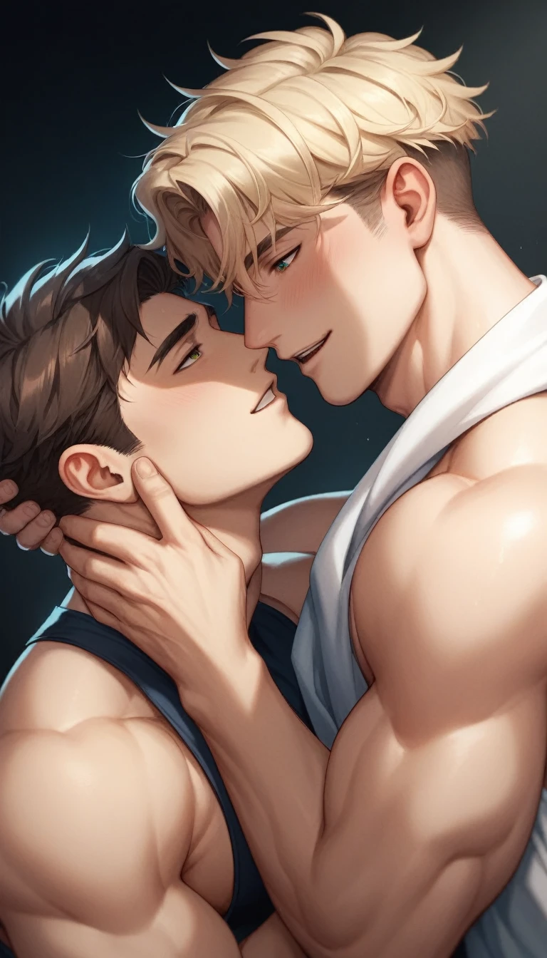 best quality, masterpiece, extremely detailed, extreme close up of muscular man with cute square face, wavy hair with curtain bangs, hugs another man's hips, erect penis shaft presses against his cheek, sexy, gay homoerotic, dark cinematic lighting, extremely dramatic shadows, romantic atmosphere, perfection, no watermark, no logo, no signature