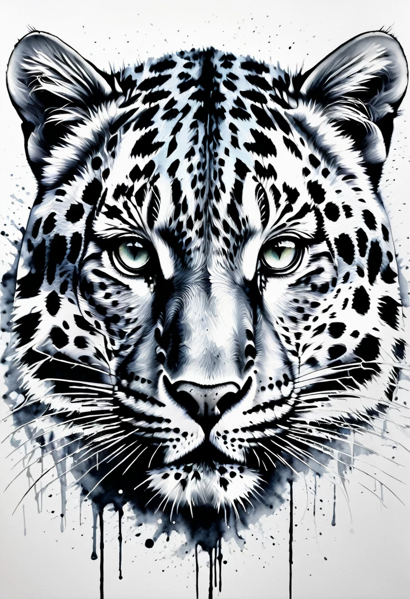 A captivating black ink art piece on a pristine white background, featuring a face formed by bold, spaced-out ink spots. The central focus is a pair of intricately detailed leopard eyes and part of the muzzle, with the white background accentuating the negative space between the spots. The vibrant and bold design demonstrates that simplicity can create a truly mesmerizing visual effect., graffiti