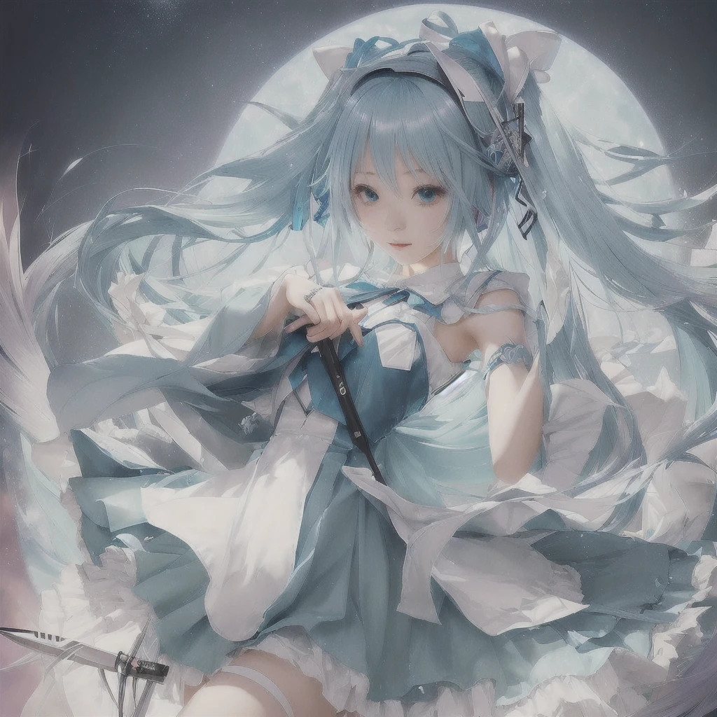 Anime girl with long blue hair and a white dress holding a knife, Pixiv contest winner, Nightcore, by Shimo, digital art on Pixiv, Pixiv, Hatsune Miku portrait, trending on artstation Pixiv, Zerochan Art, Anime Art Wallpapers 8K, Anime Style 4k, Mikudayo, Hatsune Miku portrait