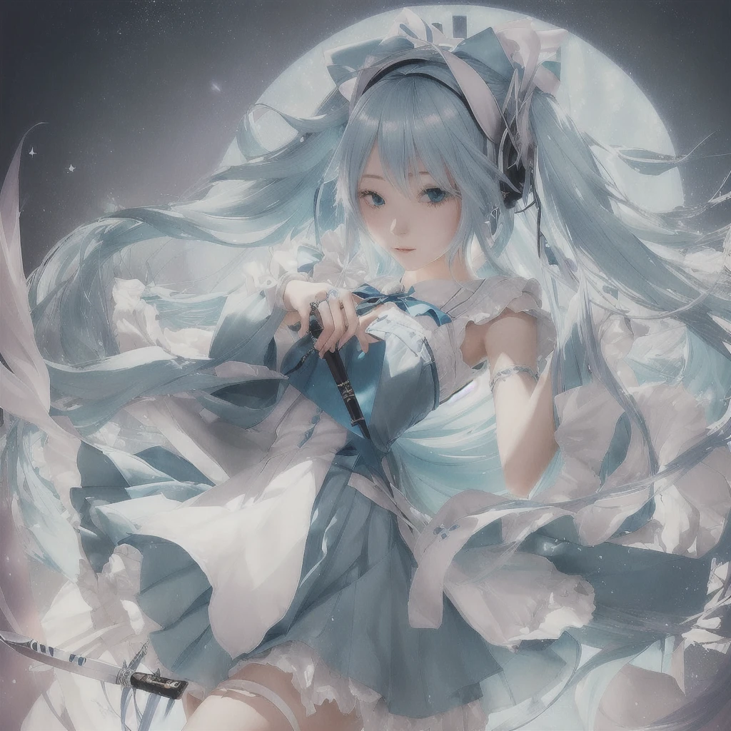 Anime girl with long blue hair and a white dress holding a knife, Pixiv contest winner, Nightcore, by Shimo, digital art on Pixiv, Pixiv, Hatsune Miku portrait, trending on artstation Pixiv, Zerochan Art, Anime Art Wallpapers 8K, Anime Style 4k, Mikudayo, Hatsune Miku portrait