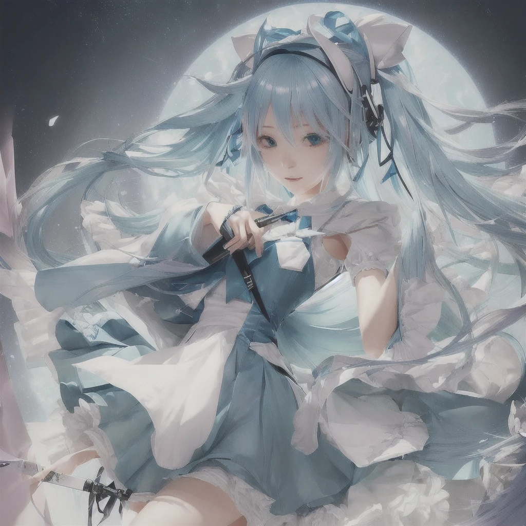 Anime girl with long blue hair and a white dress holding a knife, Pixiv contest winner, Nightcore, by Shimo, digital art on Pixiv, Pixiv, Hatsune Miku portrait, trending on artstation Pixiv, Zerochan Art, Anime Art Wallpapers 8K, Anime Style 4k, Mikudayo, Hatsune Miku portrait