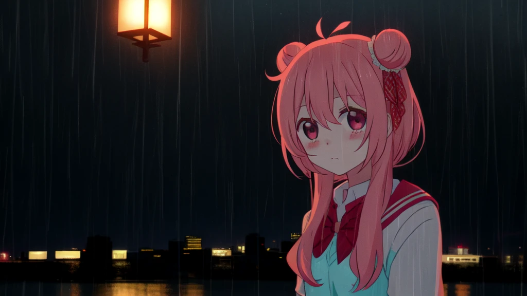masterpiece, best quality, looking at viewer, facing viewer, bare legs, 1girl, solo, upper body, bow, serafuku, sad face, blushing, night time, raining, outdoors, city