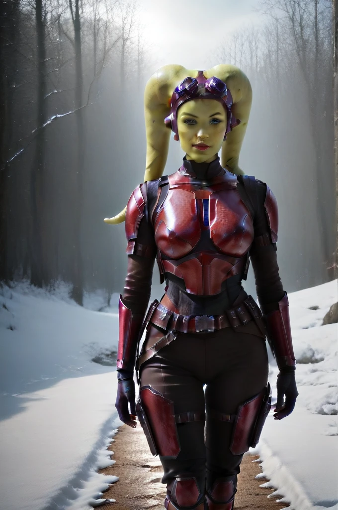 a ((fall body)) (((hera syndulla))) ((green skin )) ((female twi'lek ))mandalorian,walking on snow, ((green fire eyes )) , beautiful detailed eyes, beautiful detailed lips, extremely detailed face, long eyelashes, mandalorian armor, sci-fi, cinematic lighting, dramatic, epic, intricate details, hyper-realistic, 8k, high-quality, photorealistic