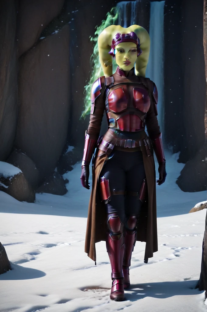 a ((fall body)) (((hera syndulla))) ((green skin )) ((female twi'lek ))mandalorian,walking on snow, ((green fire eyes )) , beautiful detailed eyes, beautiful detailed lips, extremely detailed face, long eyelashes, mandalorian armor, sci-fi, cinematic lighting, dramatic, epic, intricate details, hyper-realistic, 8k, high-quality, photorealistic

