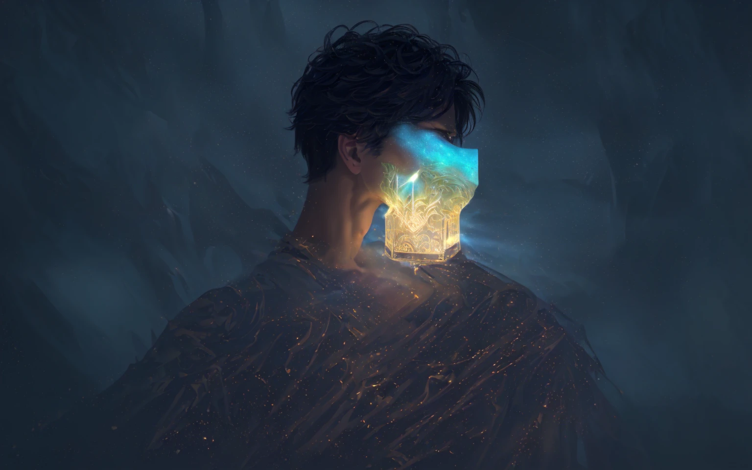 Generate a digital painting of a handsome, clean-shaven young man with prominent chest muscles, set in a mystical and ethereal environment. The scene is bathed in soft, magical light with a spectrum of rainbow colors illuminating his face, casting an enchanting glow on his features. The background features a dark, starry night sky with shimmering particles and distant, mystical landscapes. Include elements such as a gentle, glowing mist, floating lanterns, and subtle, ancient ruins partially covered in ivy. The overall atmosphere should evoke a sense of tranquility, mystery, and otherworldly beauty, with a focus on intricate details and a dreamlike quality.
