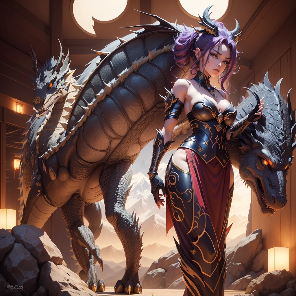 "Create an image of Kaida, the  leader of the Dragon Clan. She should be depicted in a detailed, dragon-themed battle attire, featuring intricate dragon symbols and armor. Her hair should be styled dramatically, and she should exude strength and authority. She stands confidently in a majestic hall with dragon sculptures and a panoramic view of mountains visible through large windows."