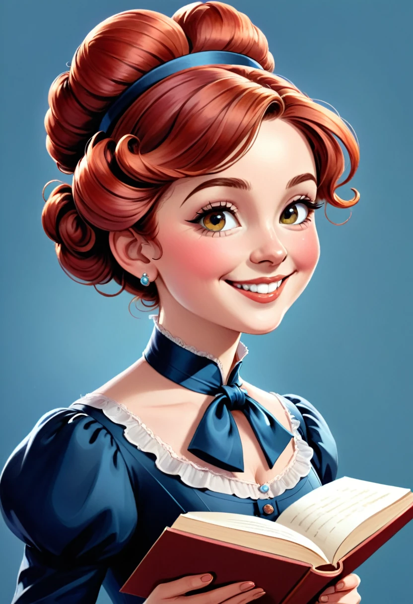 A colored pencil drawing of a pretty smiling happy victorian governess, curly auburn red hair. Kind and inteligent, joyful energy. hair in bun, hat. book of poetry in hand.