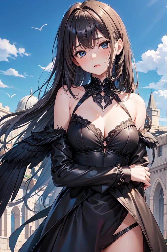 masterpiece, Angel Girl, young，，Brunette with wings, Hart neckline，Black dress with feathers, Close-up portrait, Delicate face, Lots of black feathers, silver，Black Wings, Blue sky, cloud, castle, whole body,(Cover Style:1.3)，anger，Veins popping out，fury ，ruins
