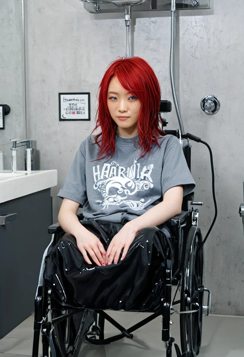 Uhd, photo of Cami, subject: Noriko, 1/2 Japanese 1/2 Hainu skinny girl in 2/00 a large wheelchair with wet long red hair and head resting on a Hairdressing Sink, shampoo foam, blue+++ eyes, oval face, LGBTQIA+, queer, punk style, wearing grey tracksuit treasures and black t-shirt, tattooes. Background: black hairdressers' studio.