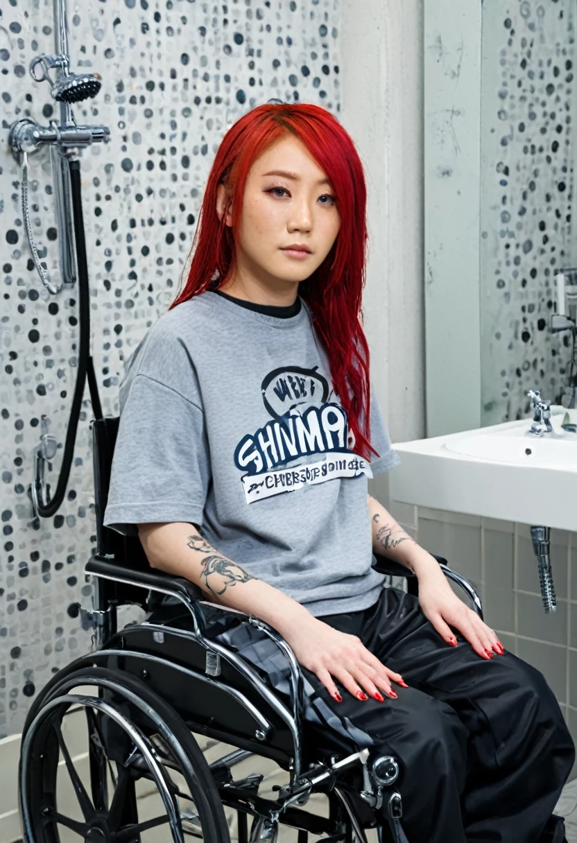 Uhd, photo of Cami, subject: Noriko, 1/2 Japanese 1/2 Hainu skinny girl in 2/00 a large wheelchair with wet long red hair and head resting on a Hairdressing Sink, shampoo foam, blue+++ eyes, oval face, LGBTQIA+, queer, punk style, wearing grey tracksuit treasures and black t-shirt, tattooes. Background: black hairdressers' studio.