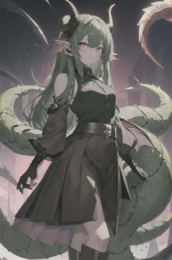 masterpiece, high quality, dragon girl, green skin, brown horns, long tail, hairy tip on tail, long black hair, black holes in shoulders, pink pupils, Tender smile, a white blouse, Long blue skirt, Brown boots, black sclera