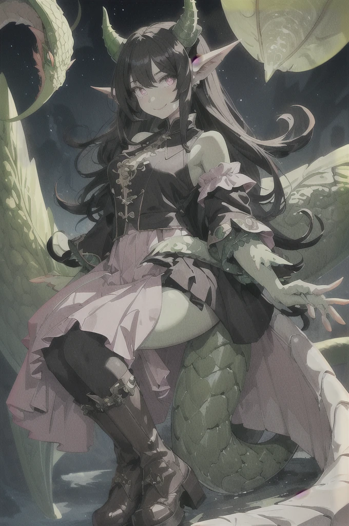 masterpiece, high quality, dragon girl, green skin, brown horns, long tail, hairy tip on tail, long black hair, black holes in shoulders, pink pupils, Tender smile, a white blouse, Long blue skirt, Brown boots, black sclera